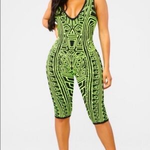 Fashion Nova Neon Green & Black Geometric Jumpsuit Romper